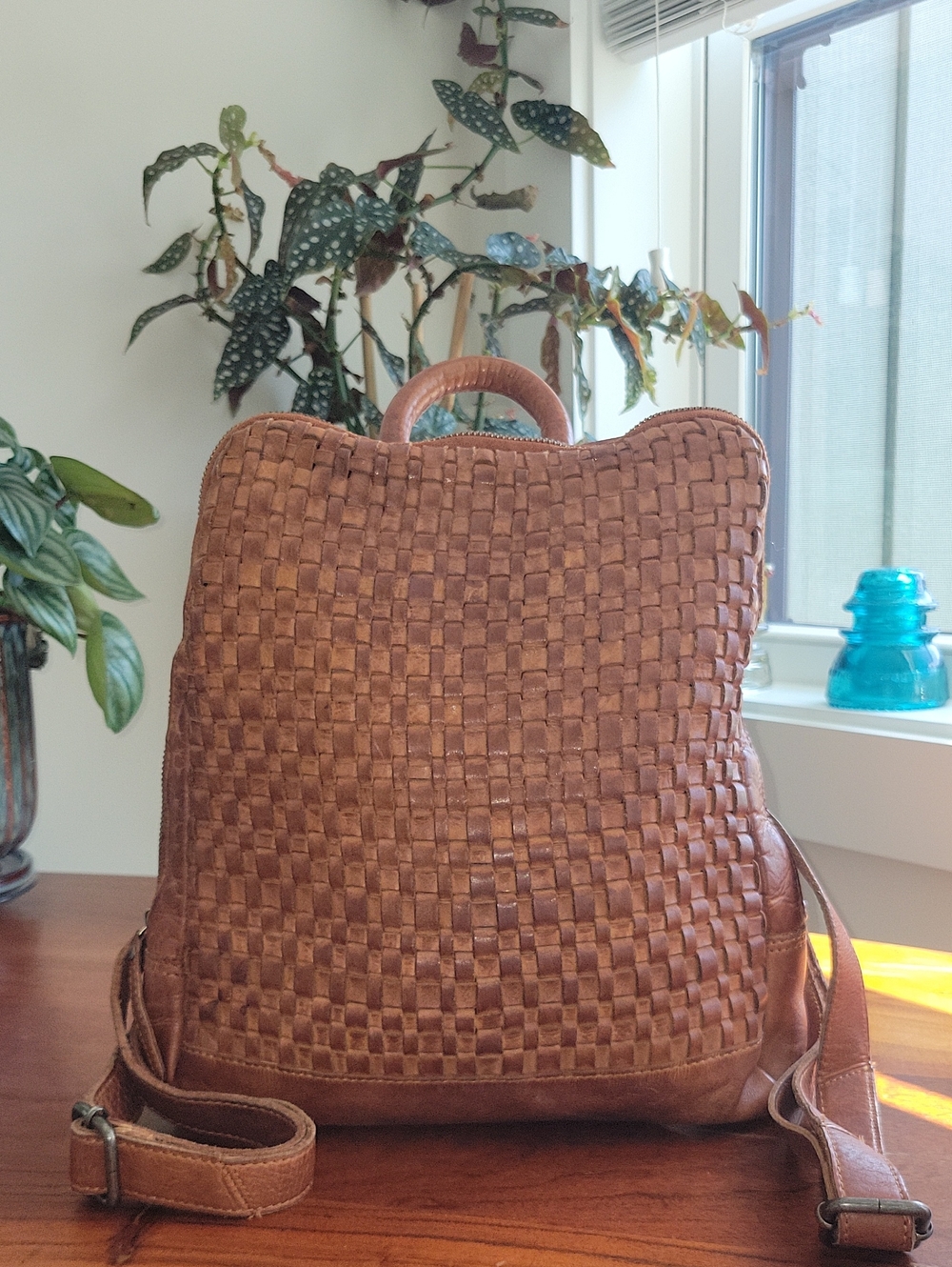 Vilenca Holland Woven Leather Backpack in Cognac Brown